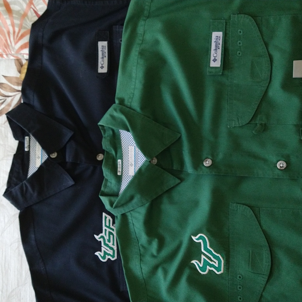 Lot of 2 USF South Florida Bulls Columbia Fishing Shirts, Men's L